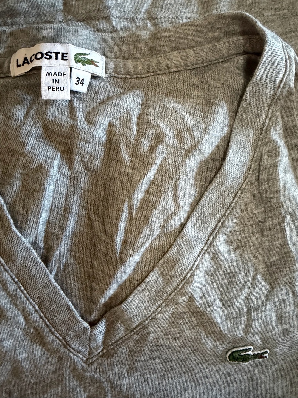 Lacoste Heather Grey V-Neck Tee with Green Crocodile Logo